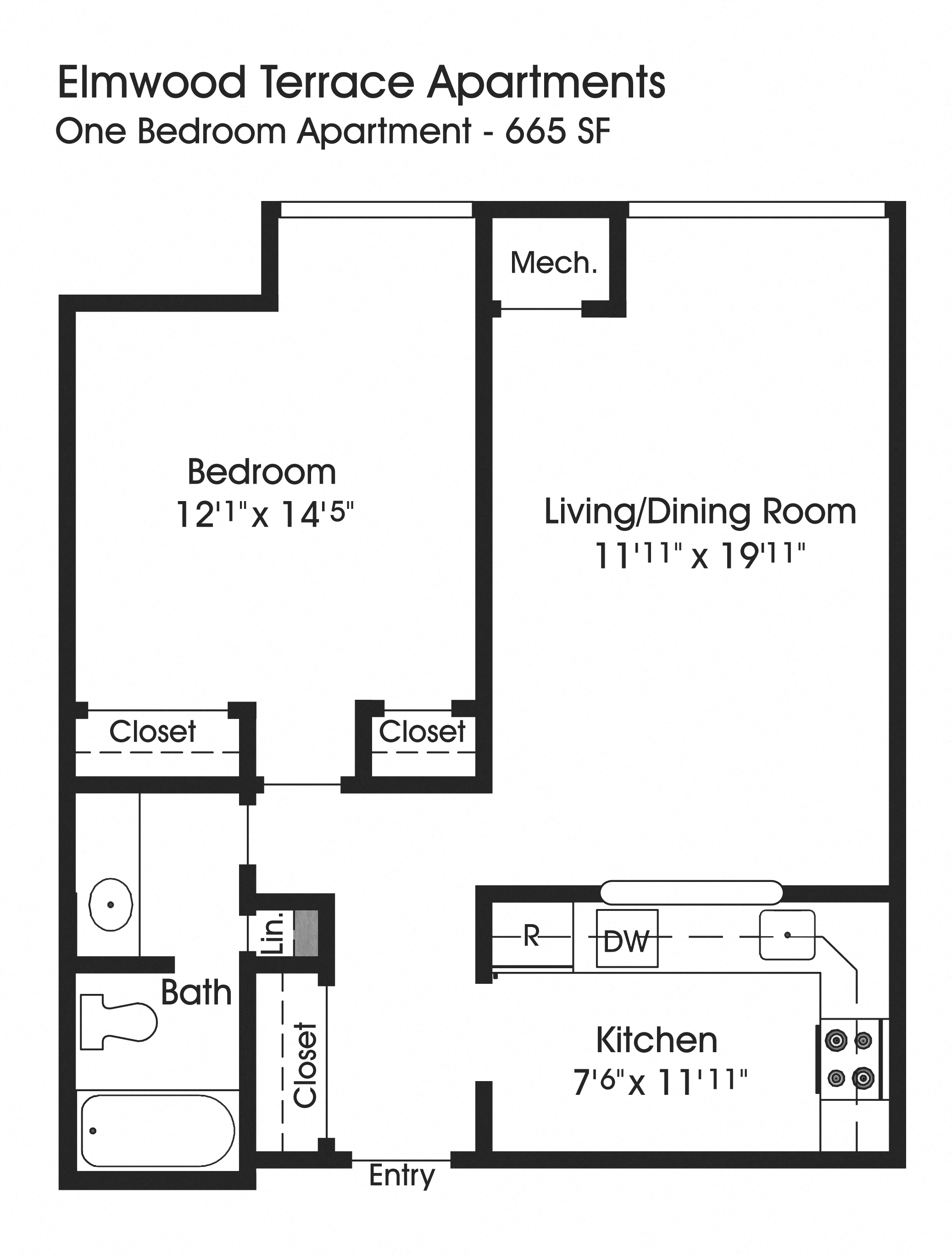 Floor plan for 1 bed, 1 bath, 665 sqft